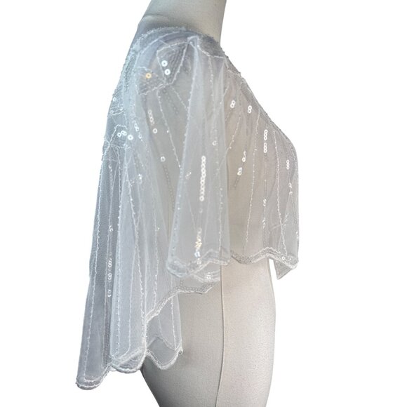 Vintage OS White Beaded Sequin Capelet Bridal Shawl - Picture 6 of 13